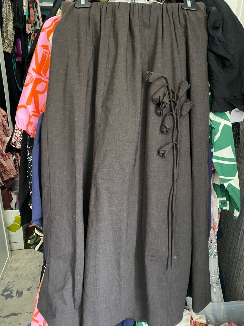 Chicjoc Dark Brown Midi Skirt with Tie Detail Sz L
